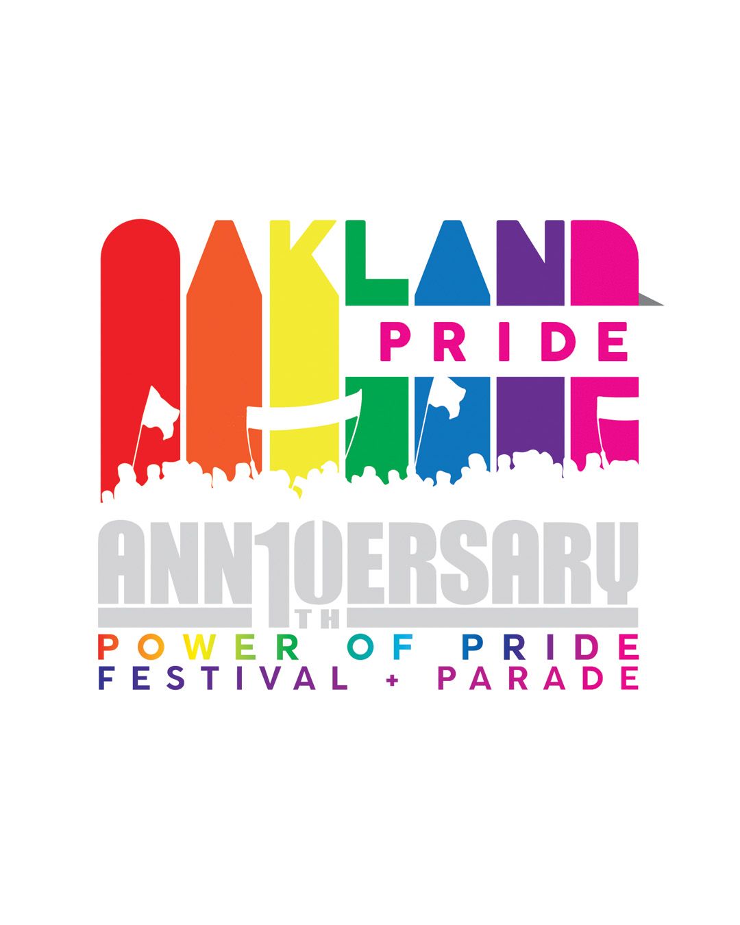 Oakland Pride anniversary logo with rainbow letters and “Power of Pride Festival + Parade” text