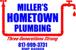 Miller's Hometown Plumbing logo with text, a red plumbing pipe outline, and a phone number.