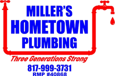 Miller's Hometown Plumbing logo with text, a red plumbing pipe outline, and a phone number.