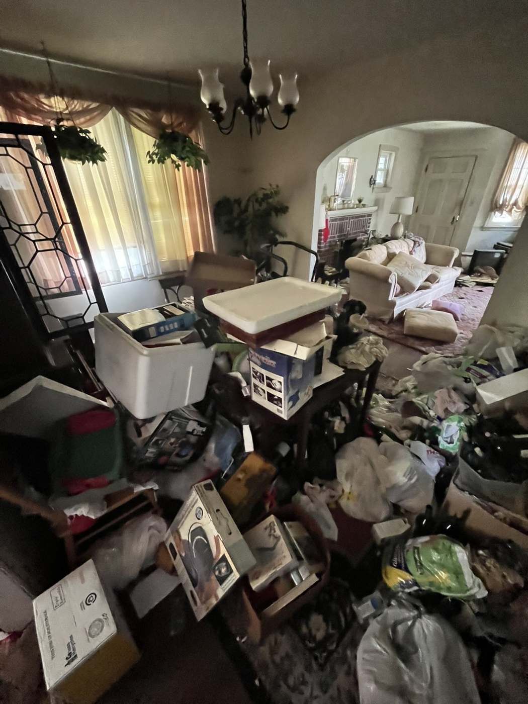 Living room packed with belongings and boxes before an estate cleanout
