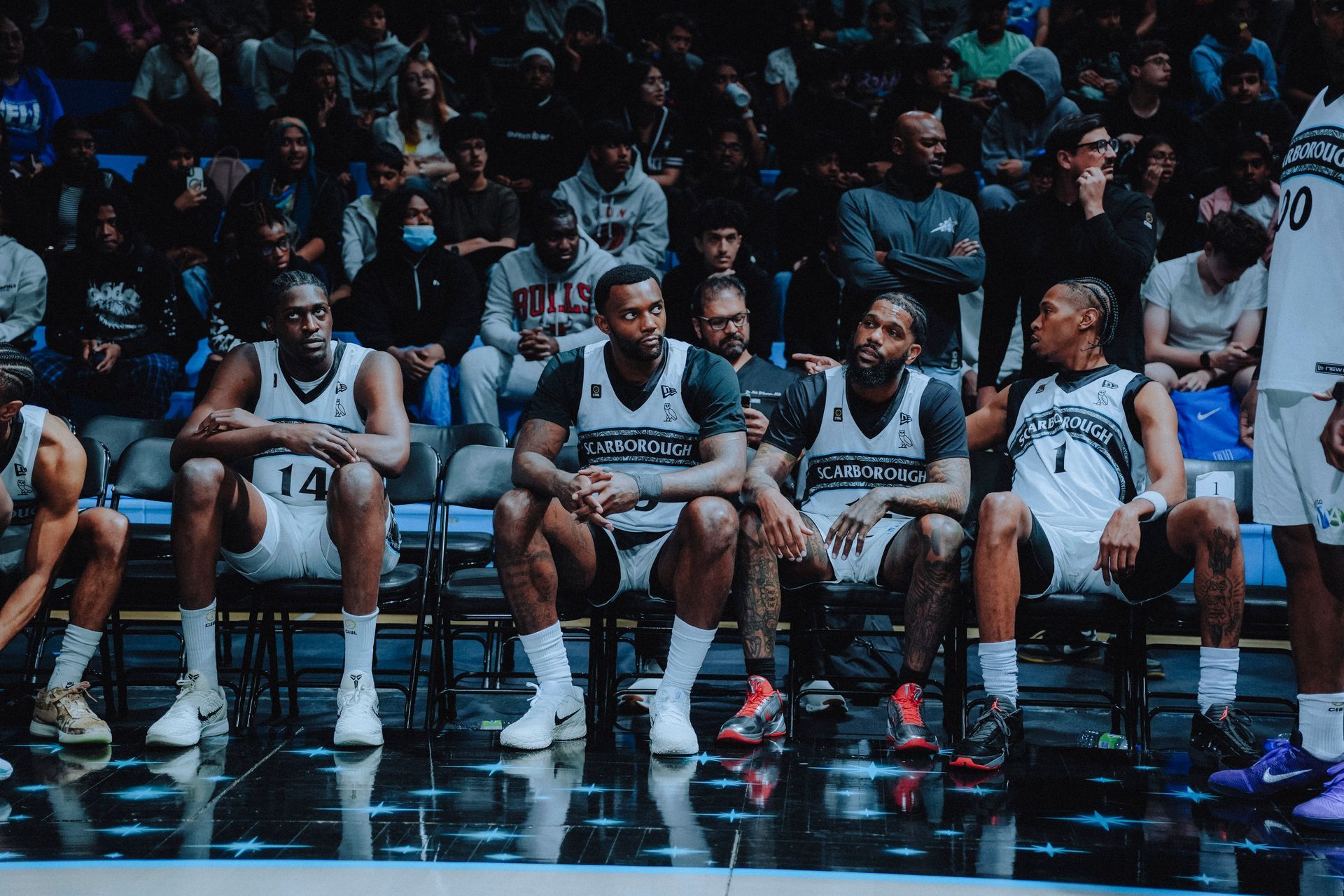 Charles Bediako, Aamir Simms, Myles Powell, Javan Johnson on bench