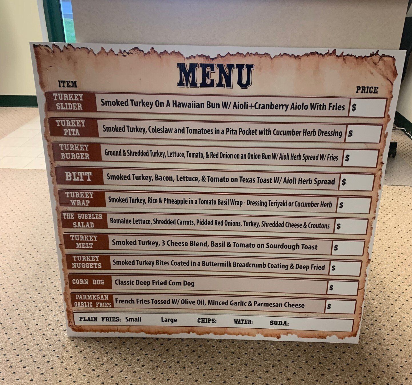 A menu for a restaurant includes a turkey salad