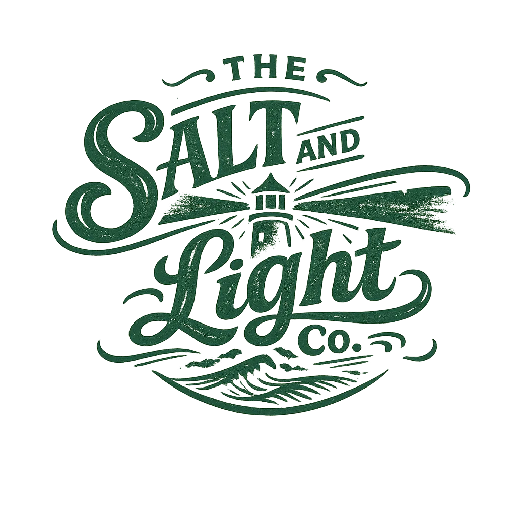 The Salt and Light Co. green vintage-style logo with a lighthouse and decorative script