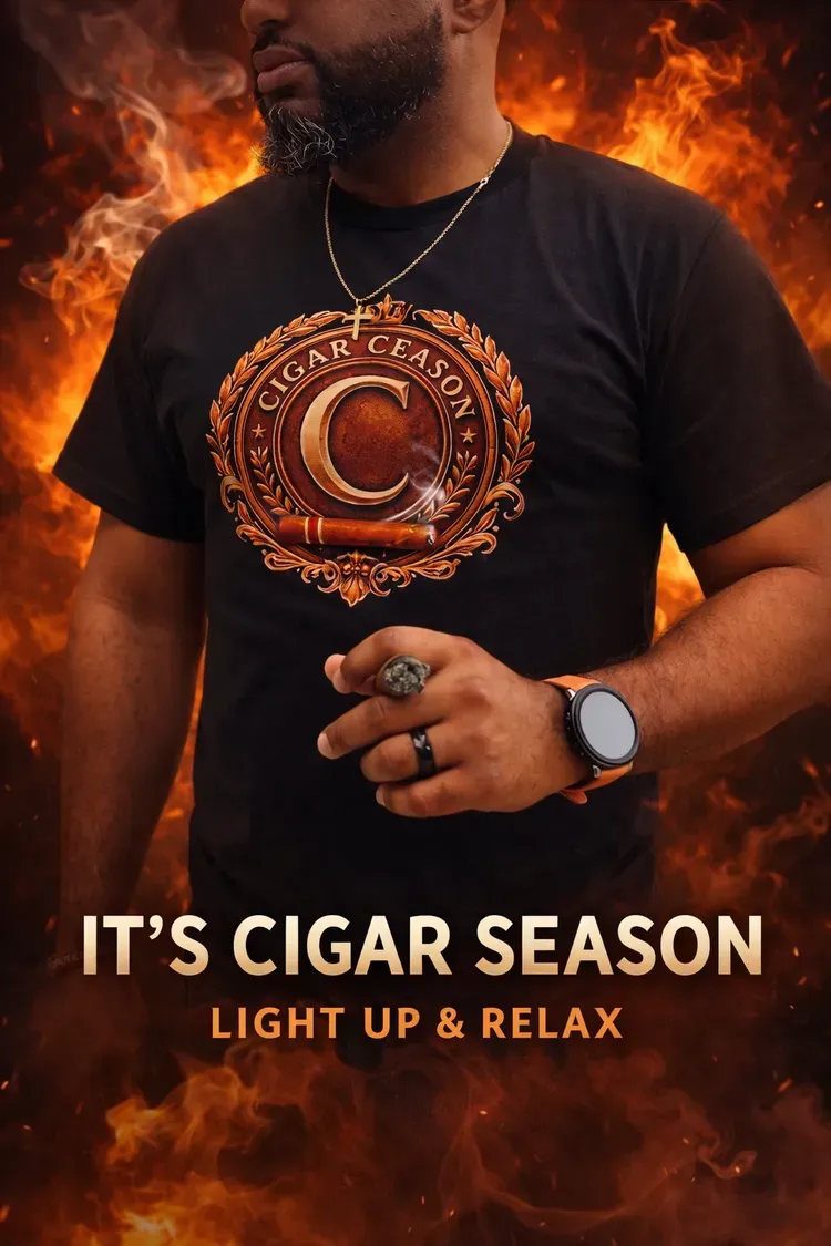 Man in black shirt and gold cigar graphic, with fiery background and text: “It’s cigar season, light up & relax.”