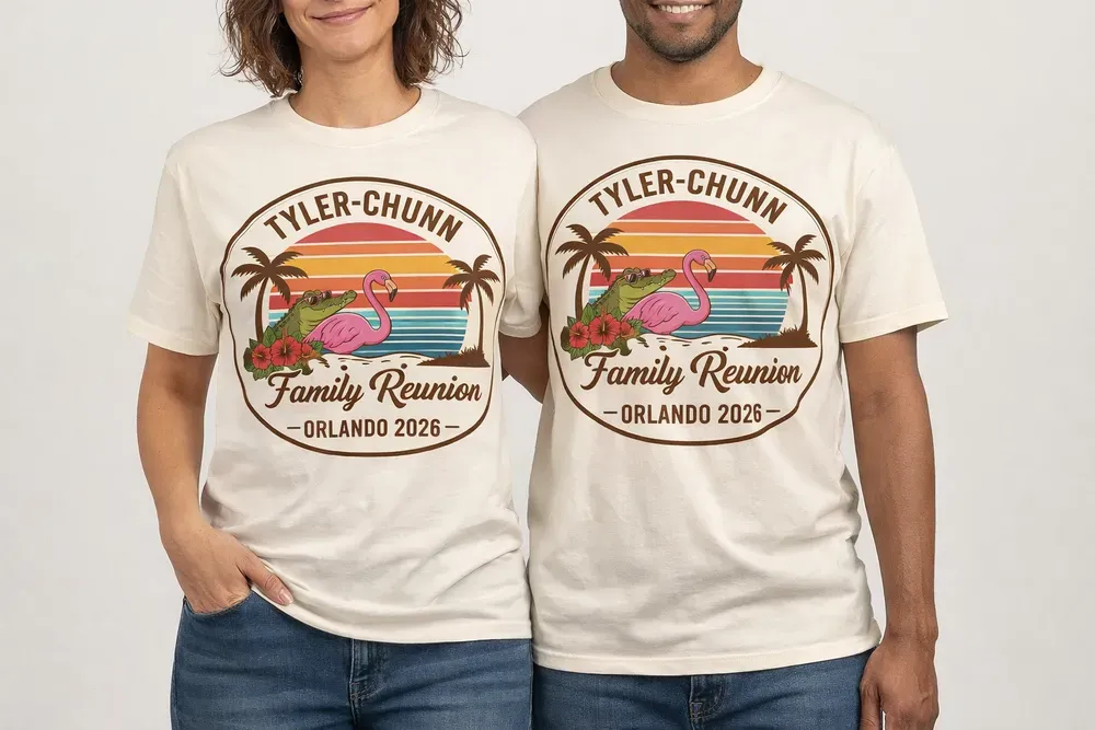 Two people wearing matching Tyler-Churn Family Reunion Orlando 2023 T-shirts, smiling side by side.