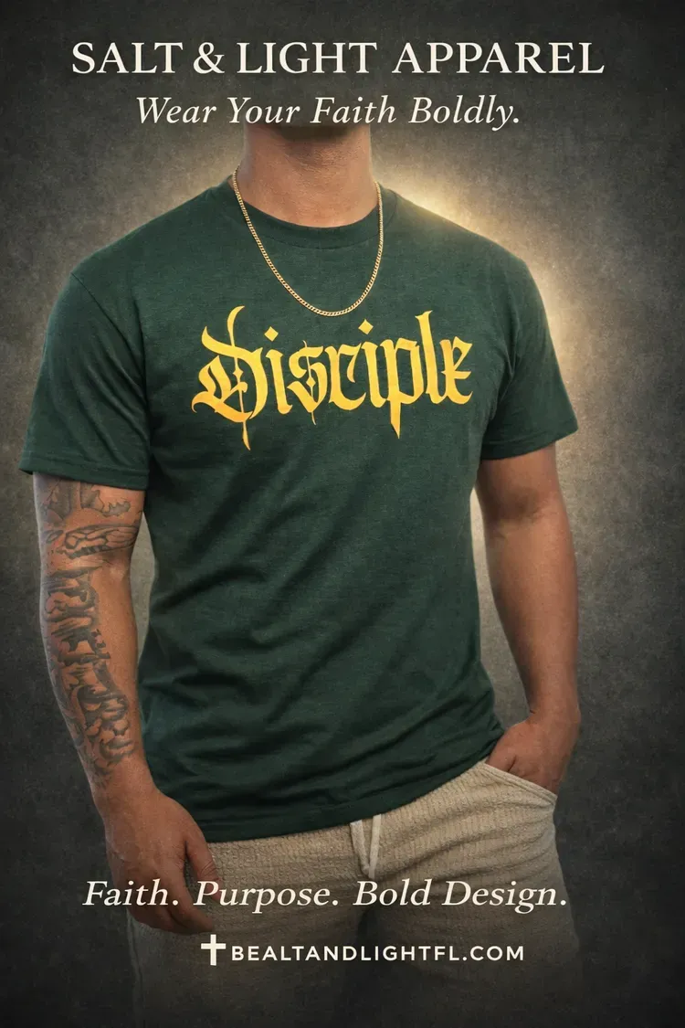 Dark green T-shirt with yellow “Disciple” text, modeled by a tattooed person under “Salt & Light Apparel” branding