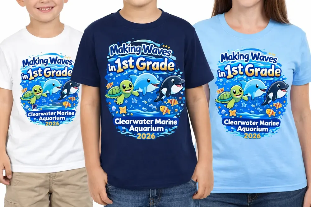 Three kids wearing 1st Grade Clearwater Marine Aquarium T-shirts in white, navy, and light blue.