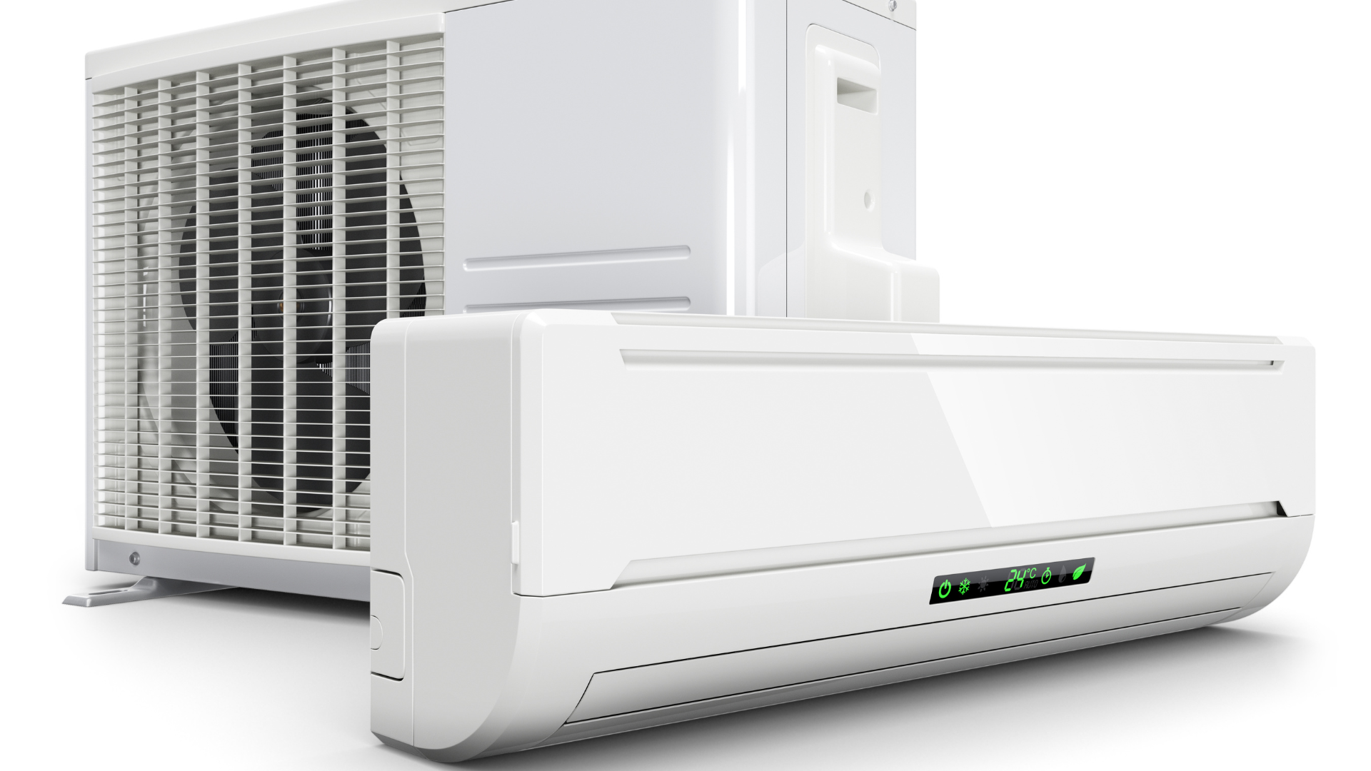 White air conditioner unit mounted on a ceiling above vertical blinds.