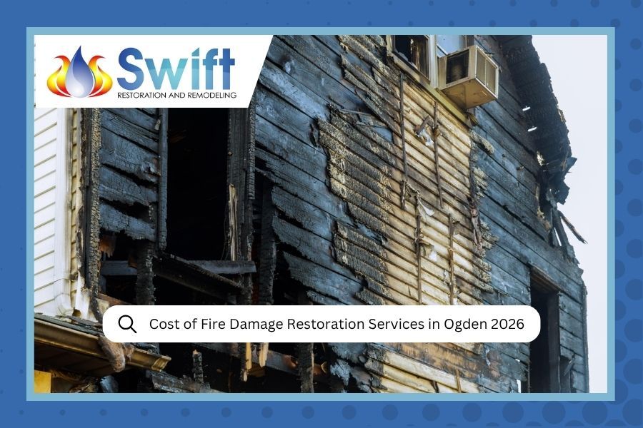 Swift logo over fire-damaged house with search bar: “Cost for Fire Damage Restoration Services in Ogden 2026”
