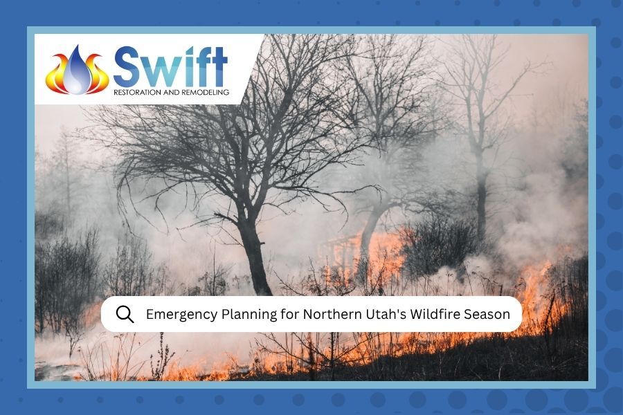 Swift logo over smoky wildfire scene with trees and flames; text reads “Emergency Planning for Northern Utah’s wildfire season”