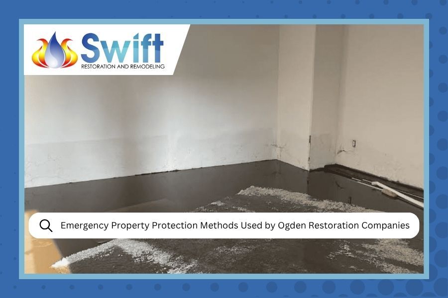 Empty white room with floor and wall damage, overlaid with Swift logo and search bar text about property restoration services