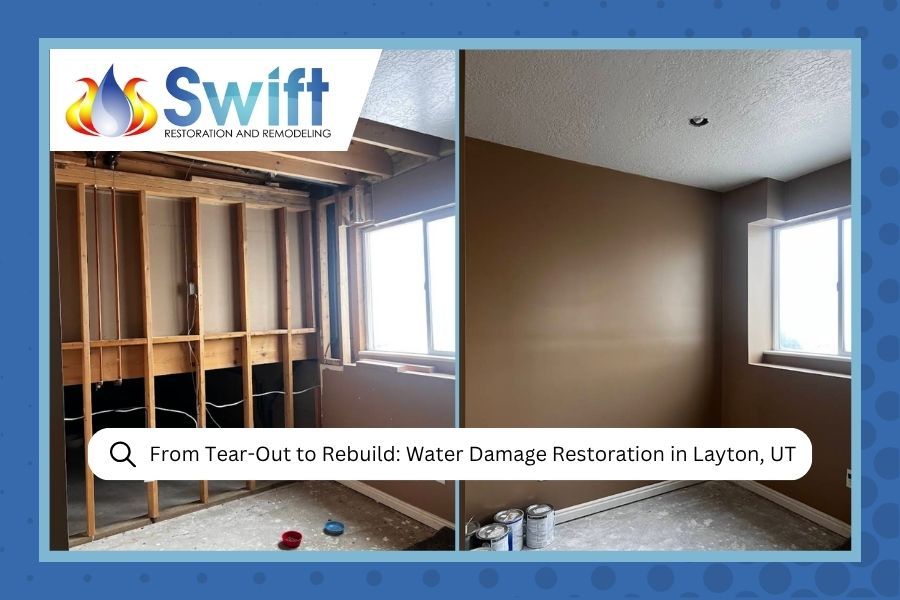 Swift before-and-after water damage restoration in Layton, UT, showing exposed studs and a finished room