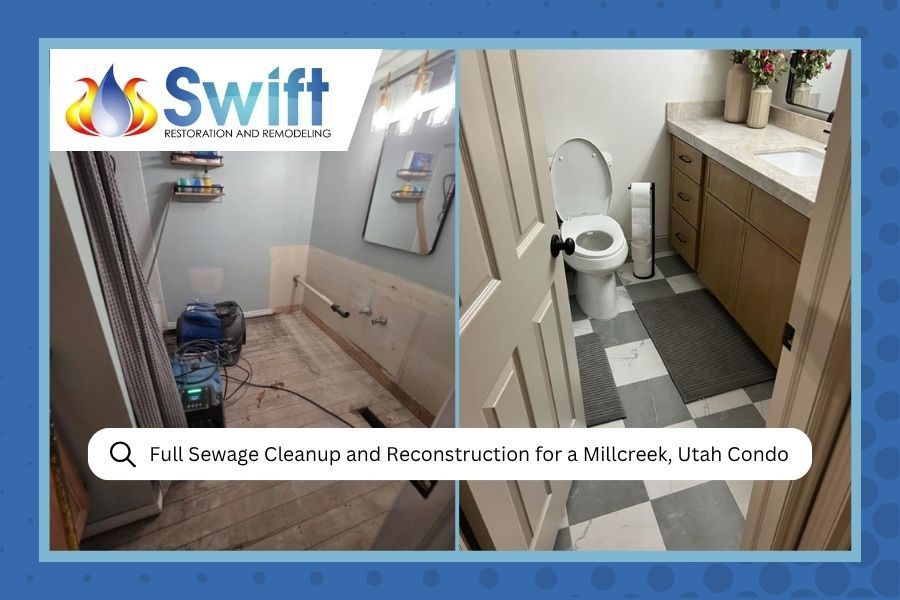 Swift logo with before-and-after bathroom sewer cleanup and reconstruction in a condo