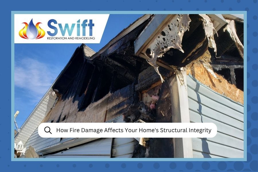 Swift logo over a damaged house roof with search text about fire damage affecting structural integrity