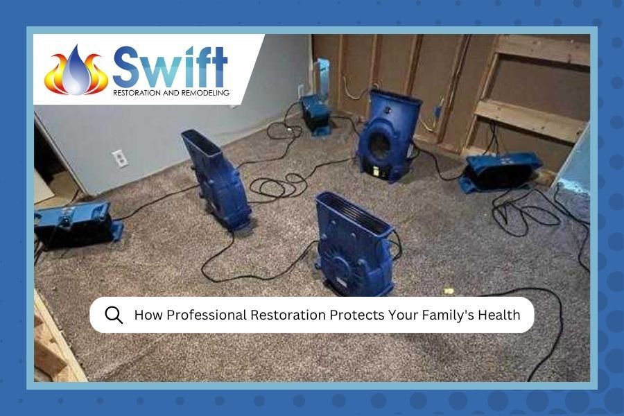 Blue restorative fans scattered on carpeted floor in a room with a Swift logo and search bar overlay