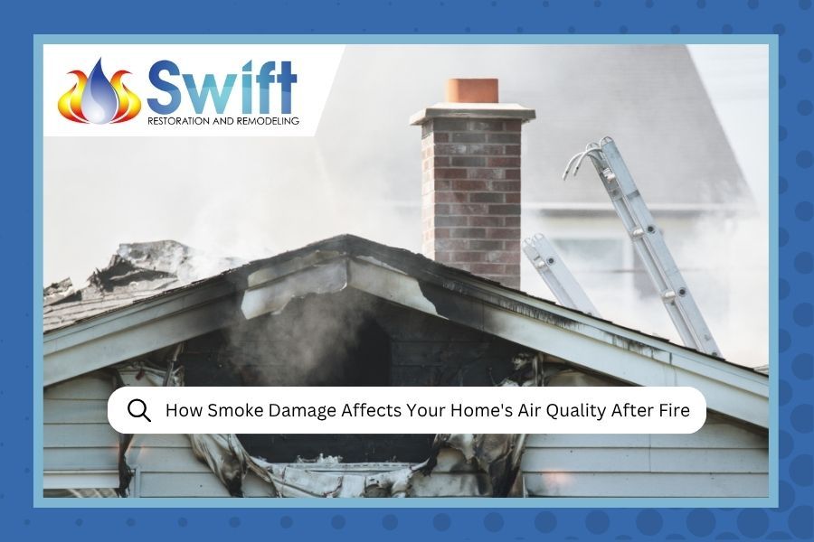 Swift logo over smoke-damaged house and ladder with text about smoke damage affecting home value