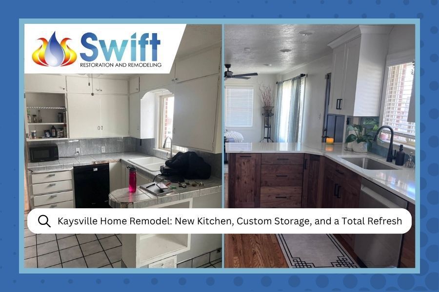 Modern white kitchen remodel with island, cabinets, and large windows, branded Swift logo at top left