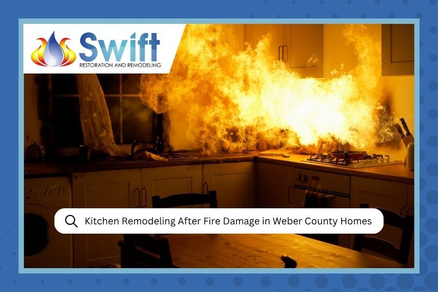 Kitchen engulfed in flames with Swift logo and headline about fire damage in Winter County homes