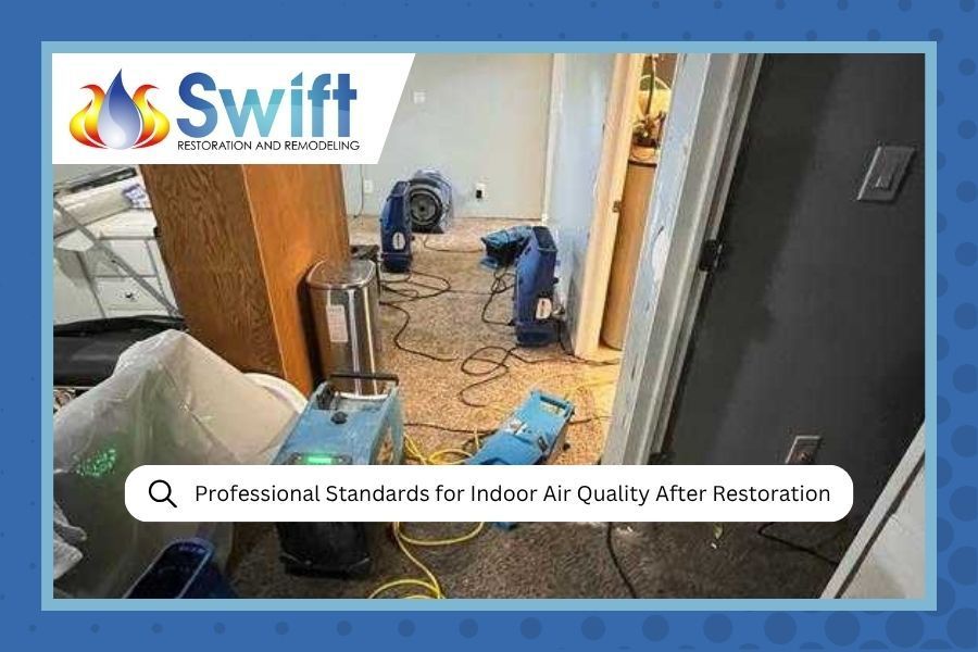 Flooded hallway being cleaned for water damage restoration, with Swift logo and banner text overlay.