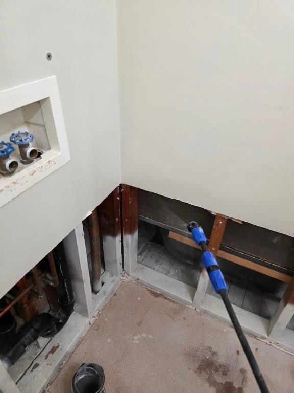 Antimicrobial spray treatment applied inside wall cavities after sewage contamination