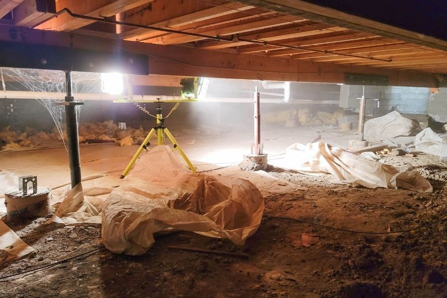 Mold growth visible on wood framing inside a crawl space
