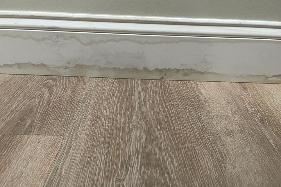 Water stains visible on baseboards after a sewage backup in a residential home