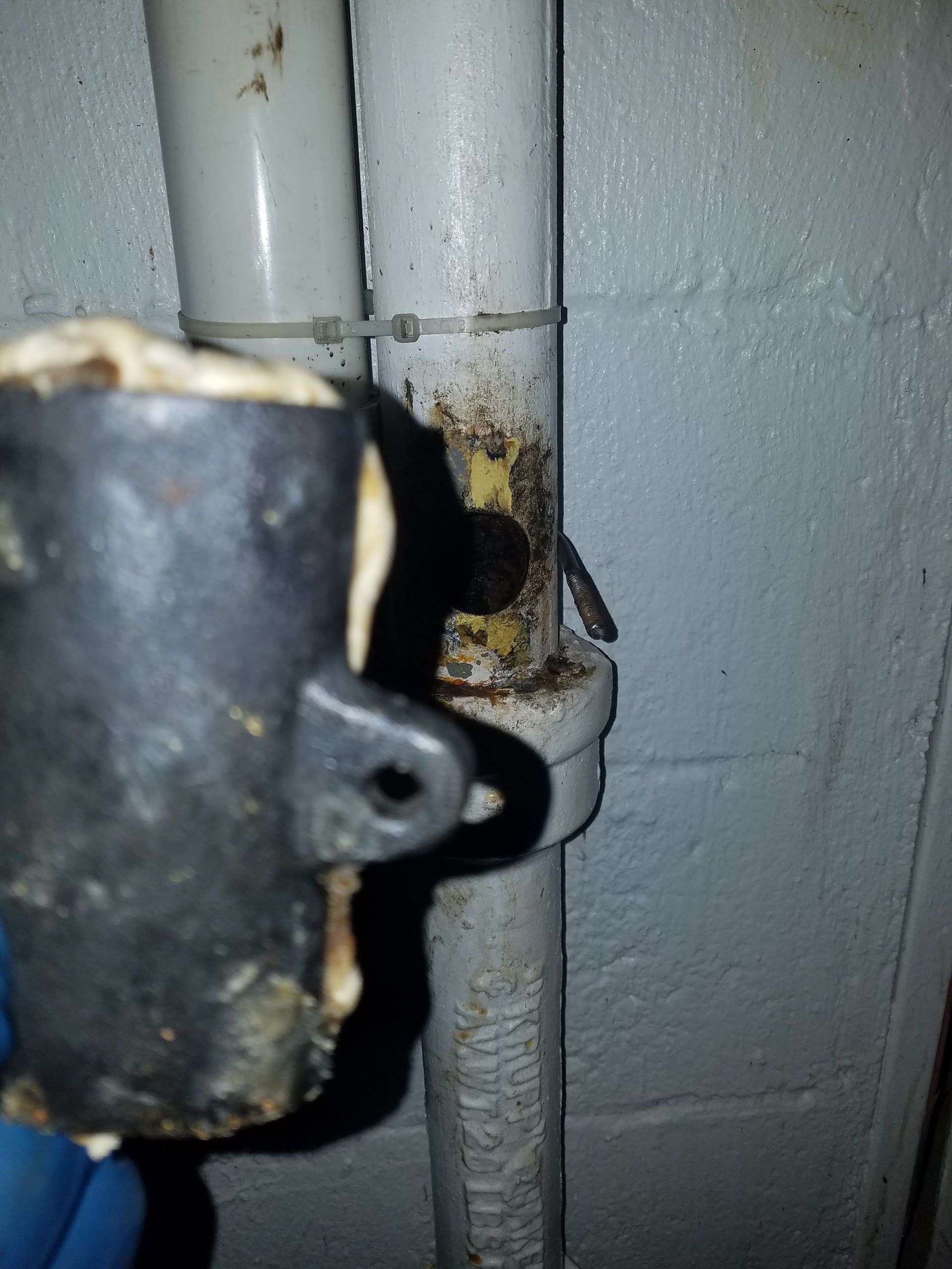 Black and white pipe with corrosion, held next to a broken, dirty metal piece in a basement.