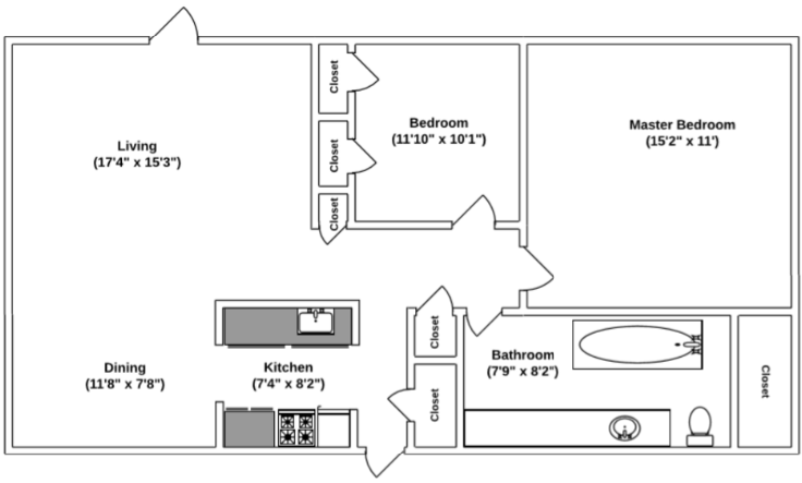 Floor Plan: 2 Bed · 1 Bath · 888 SQ. FT.