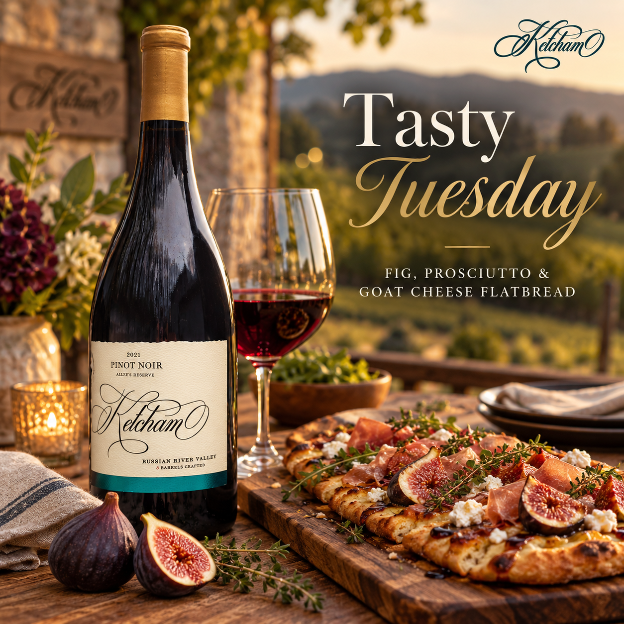 Wine bottle, glass, and pizza on a rustic table with “Tasty Tuesday” text.