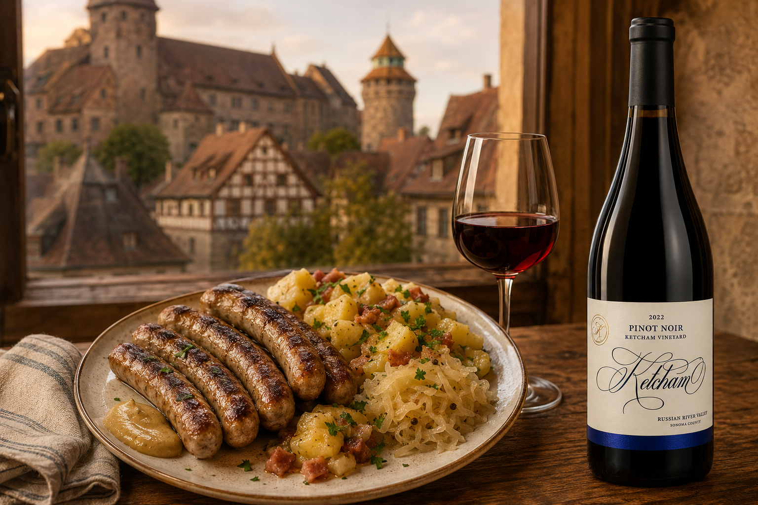 Wine and pasta dinner on a vineyard terrace at sunset, with a village in the background.