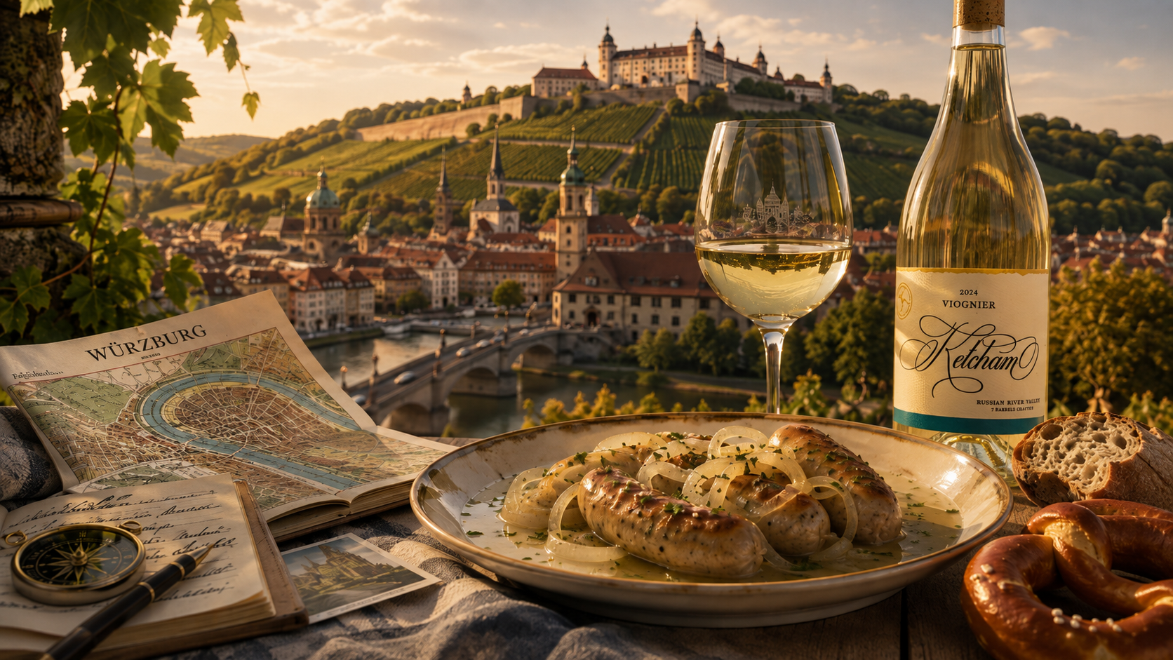 Tasty Tuesday - Strasbourg-Inspired Tarte Flambée Wine and pasta dinner on a vineyard terrace at sunset, with a village in the background.