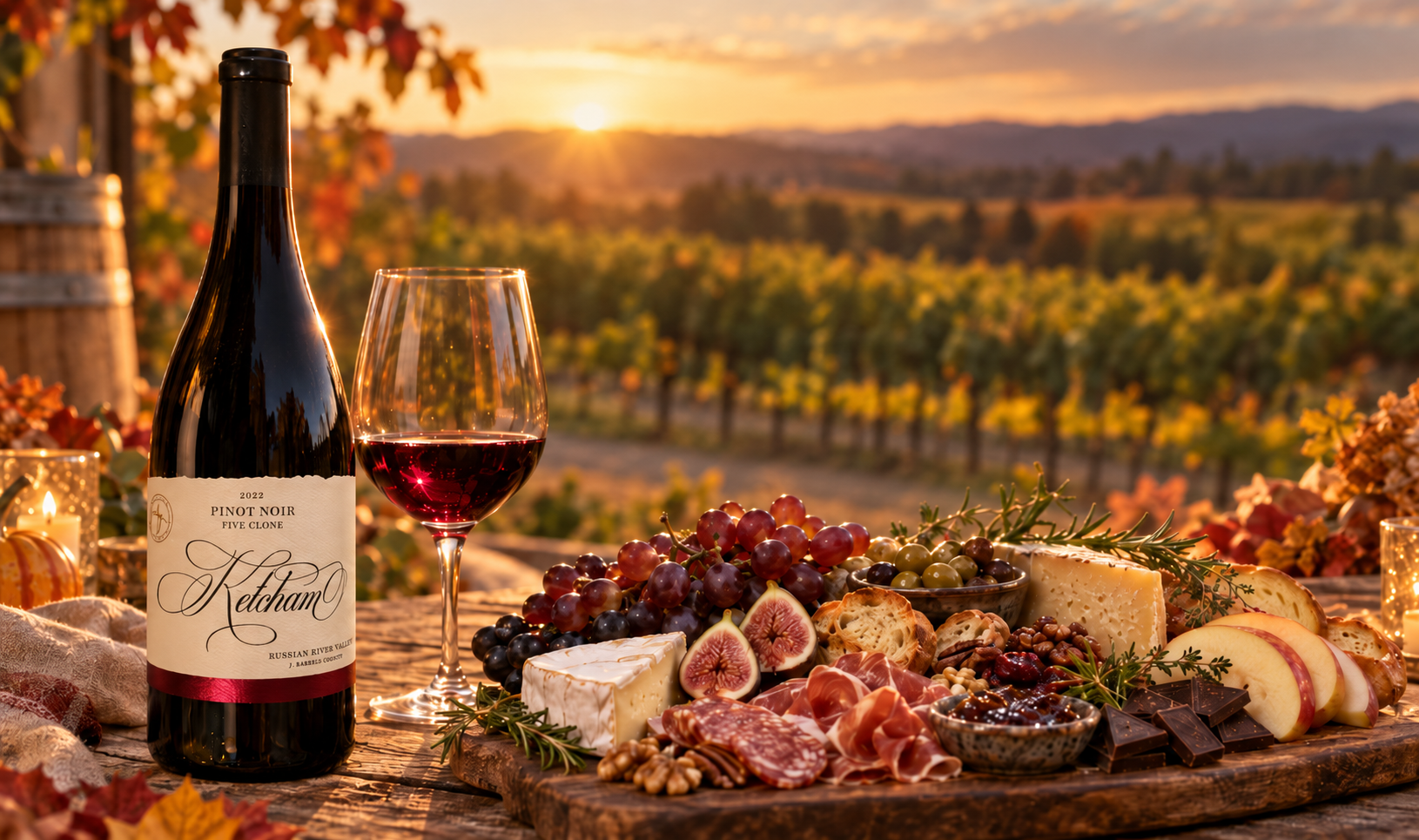 Wine bottle, glass, and charcuterie board on a rustic table overlooking a vineyard at sunset