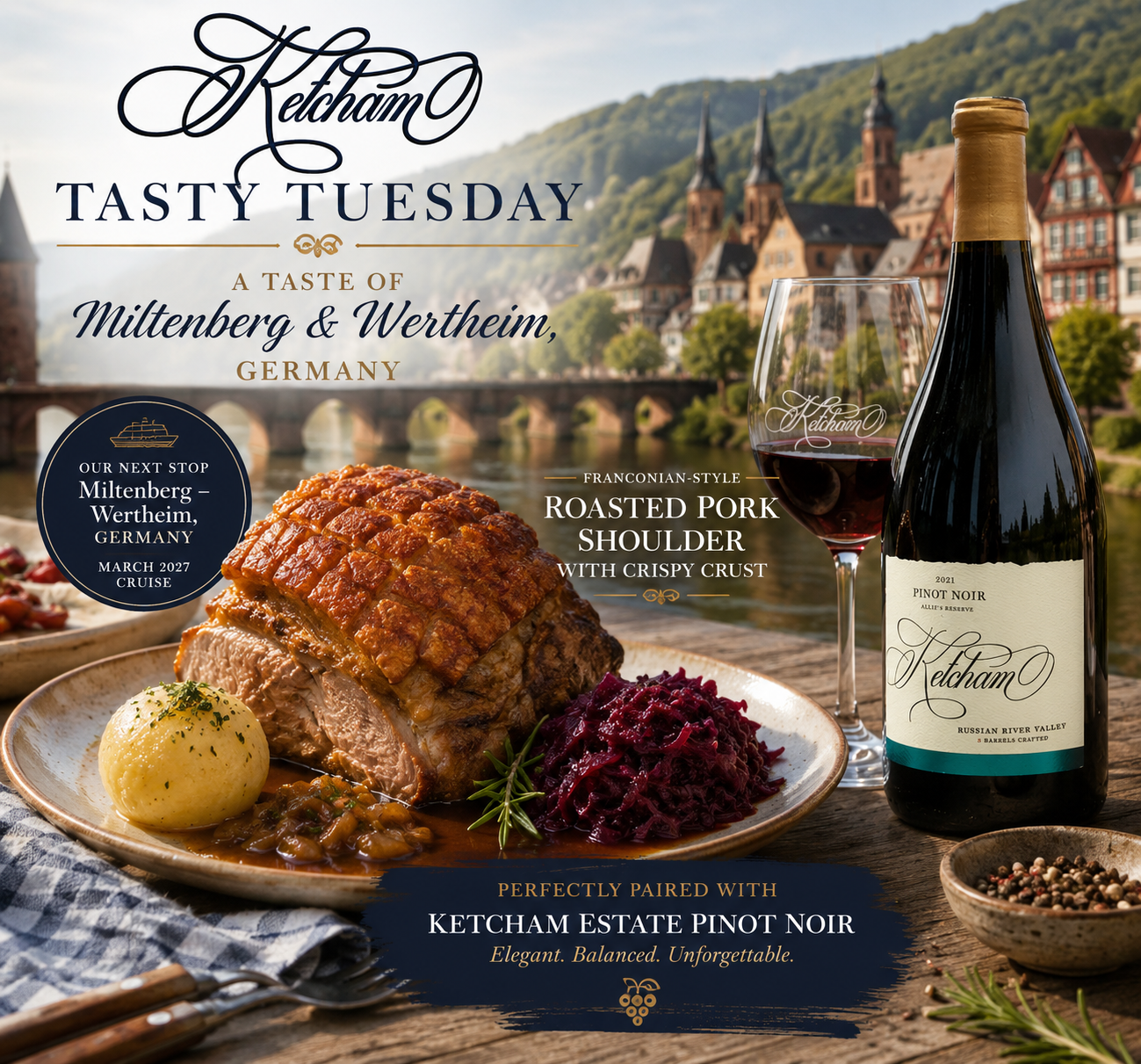 Tasty Tuesday - Strasbourg-Inspired Tarte Flambée German onion tart with wine on a rustic table by a river, with “Tasty Tuesday” text