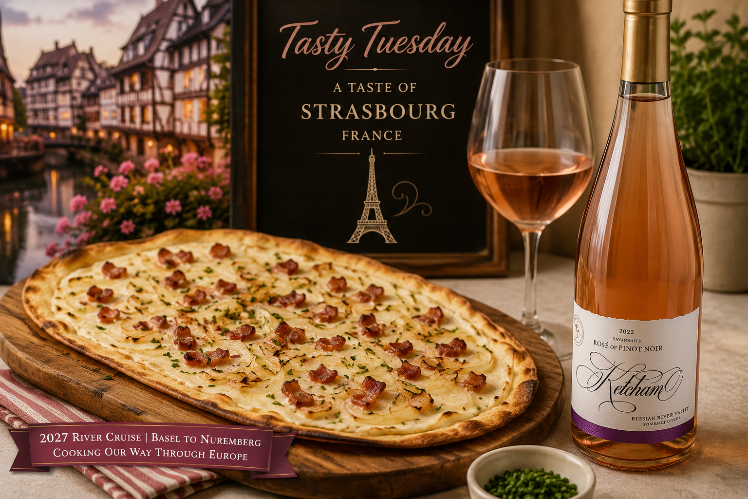 Strasbourg French restaurant ad with tarte flambée, rosé wine bottle and glass on a rustic table, warm city backdrop