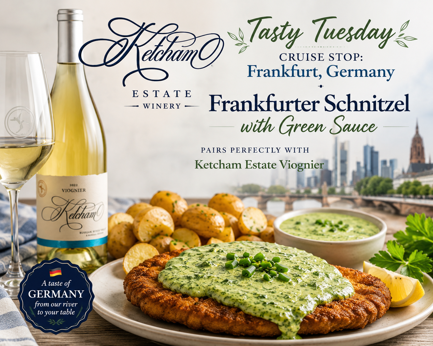 Tasty Tuesday - Strasbourg-Inspired Tarte Flambée German onion tart with wine on a rustic table by a river, with “Tasty Tuesday” text