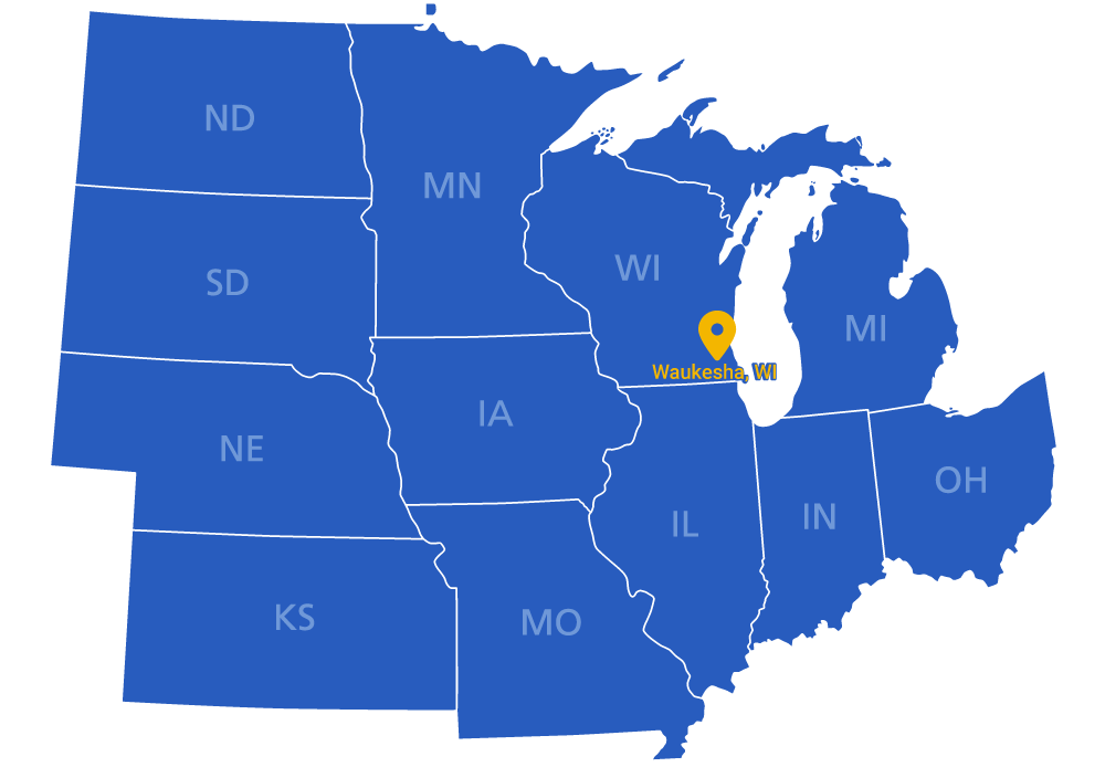 Blue map of the Upper Midwest U.S. with state labels and a pin near central Wisconsin