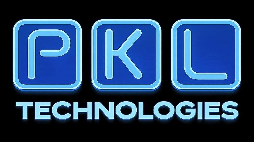 PKL Technologies logo in blue neon text on a black background