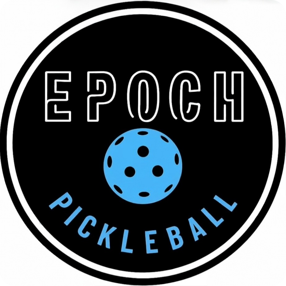 Epoch Pickleball logo with a blue pickleball on a black circular background