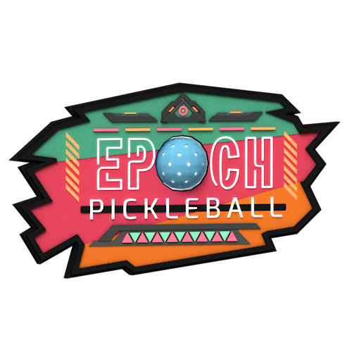 EPOCH Pickleball logo with a blue pickleball on a colorful teal, pink, and orange badge