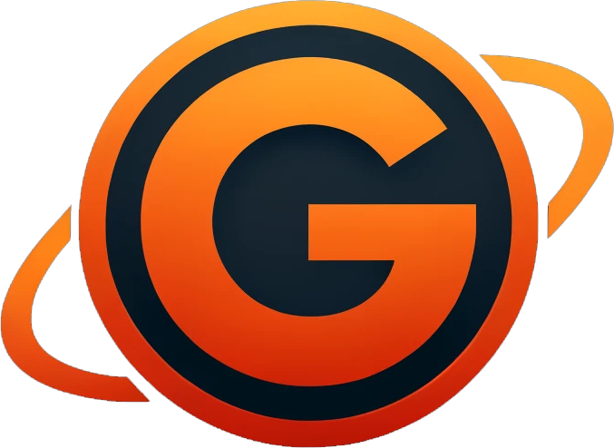Orange and black circular logo with a bold black letter G and swooshing orange ring accents