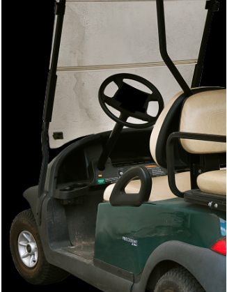 A golf cart with a steering wheel and seats