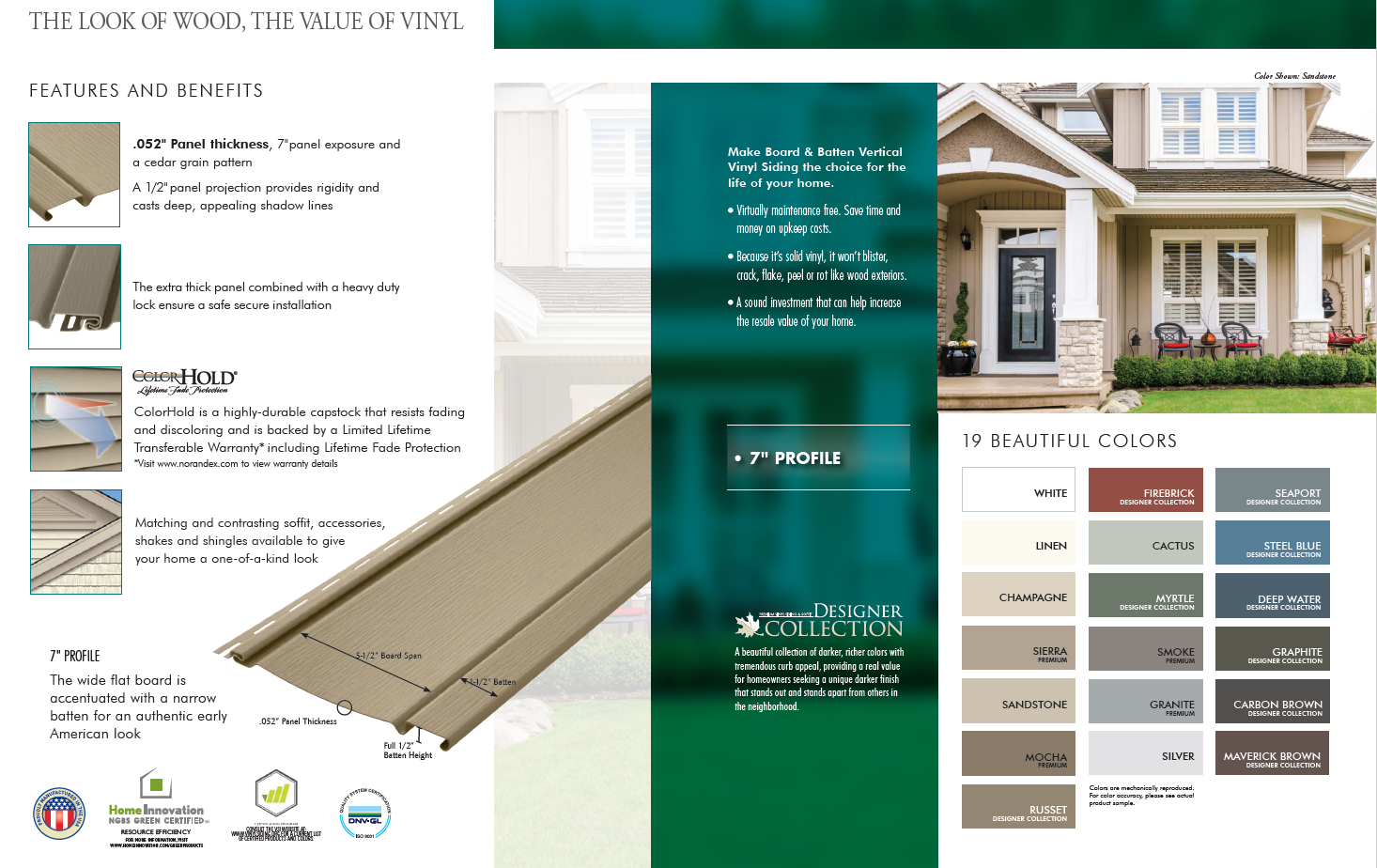 Brochure-style product ad with beige trim samples, teal panel, and home exterior on the right