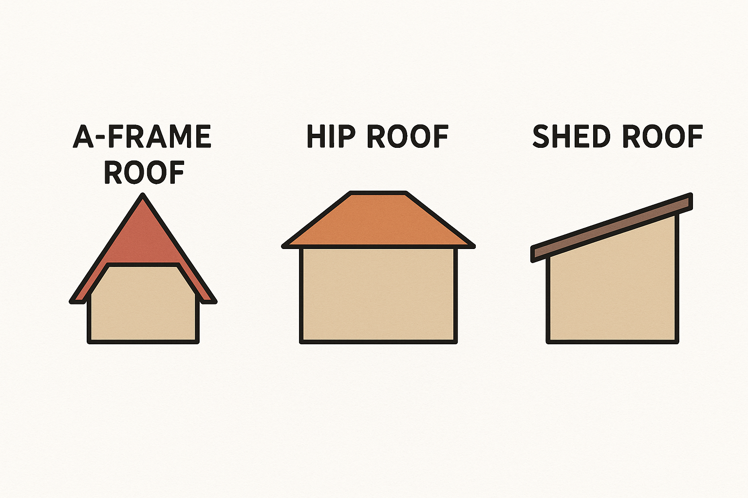 Three labeled roof types: A-frame roof, hip roof, and shed roof, shown as simple house diagrams.