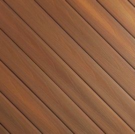 Diagonal brown wooden planks or decking boards with a smooth, slatted texture