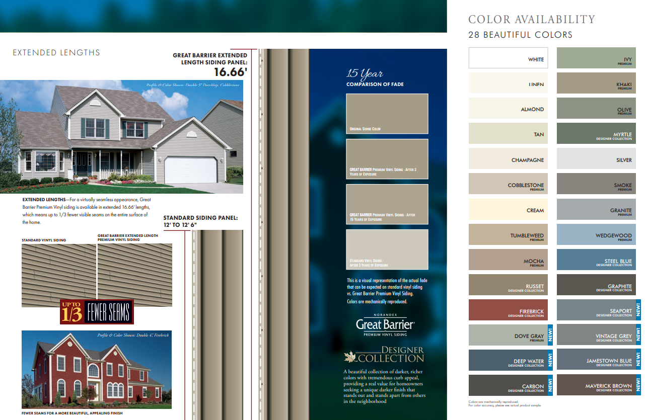 Home exterior siding brochure with house photos, product samples, and color swatches