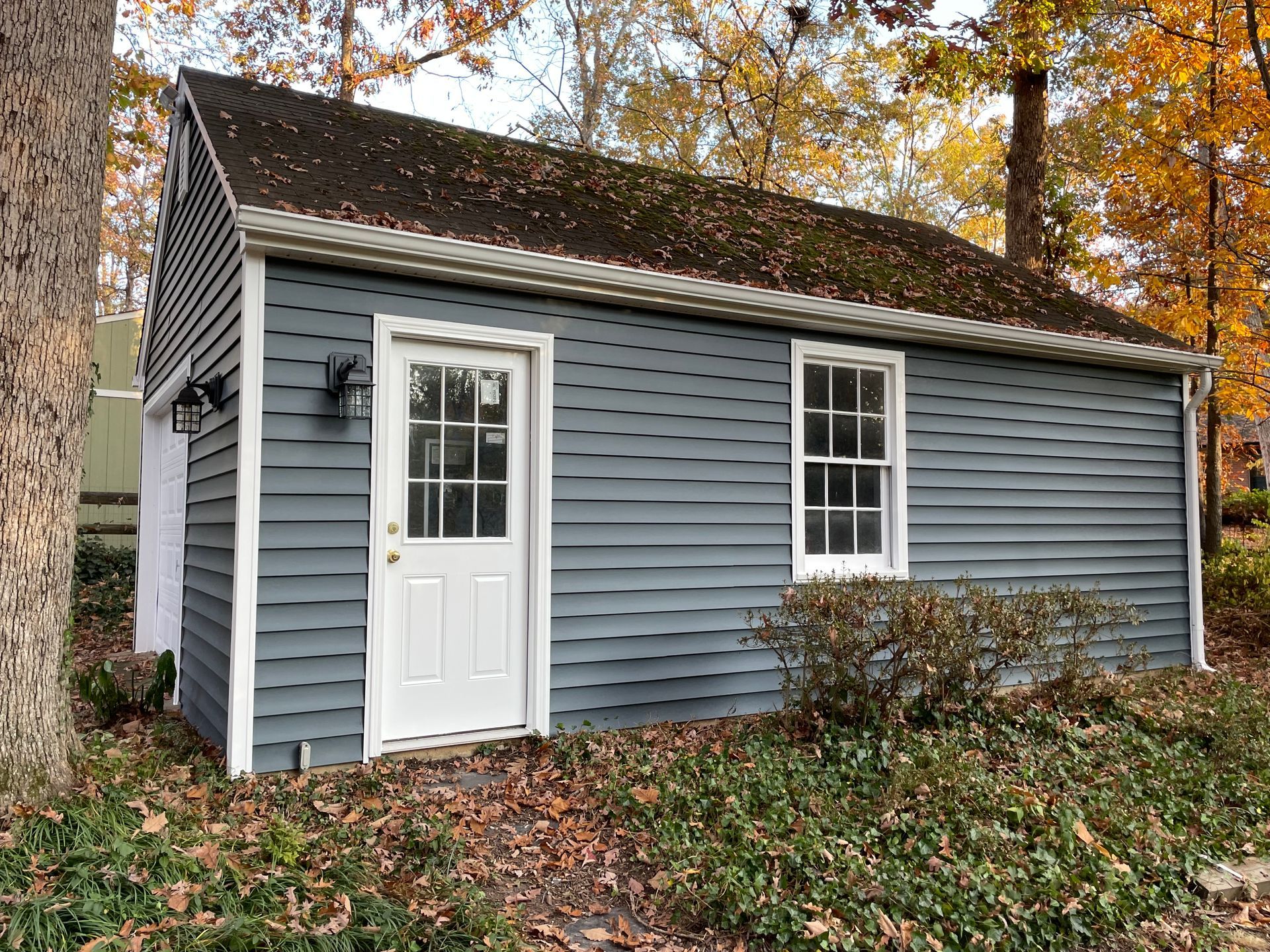 Small gray cottage with white door and windows among autumn trees and fallen leaves