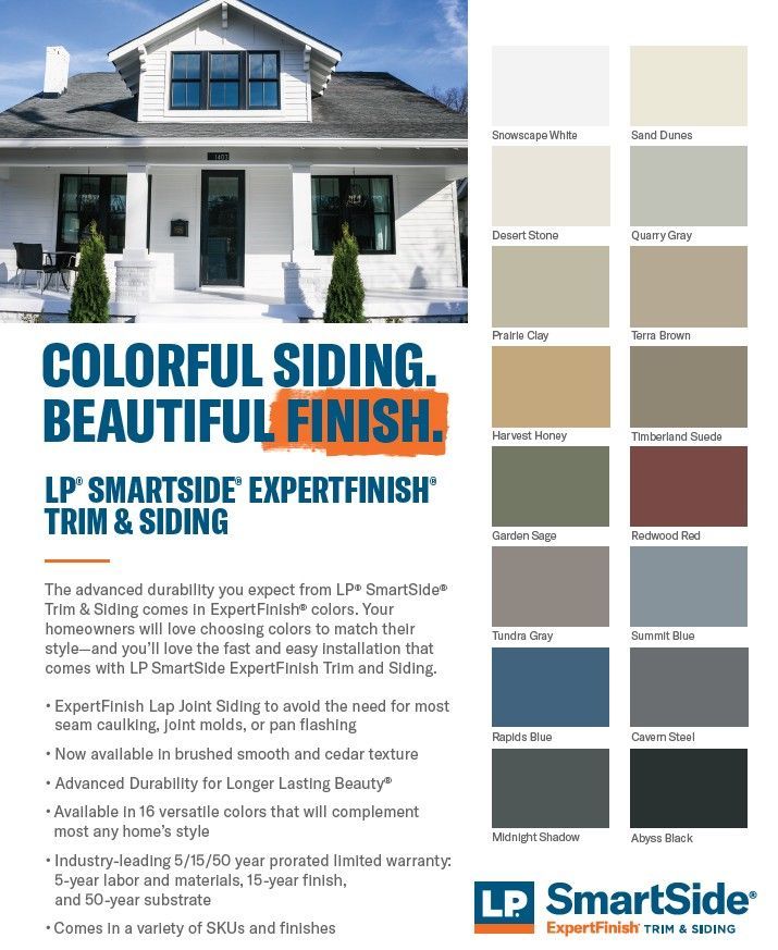 LP SmartSide siding ad with house photo, colorful finish options, and