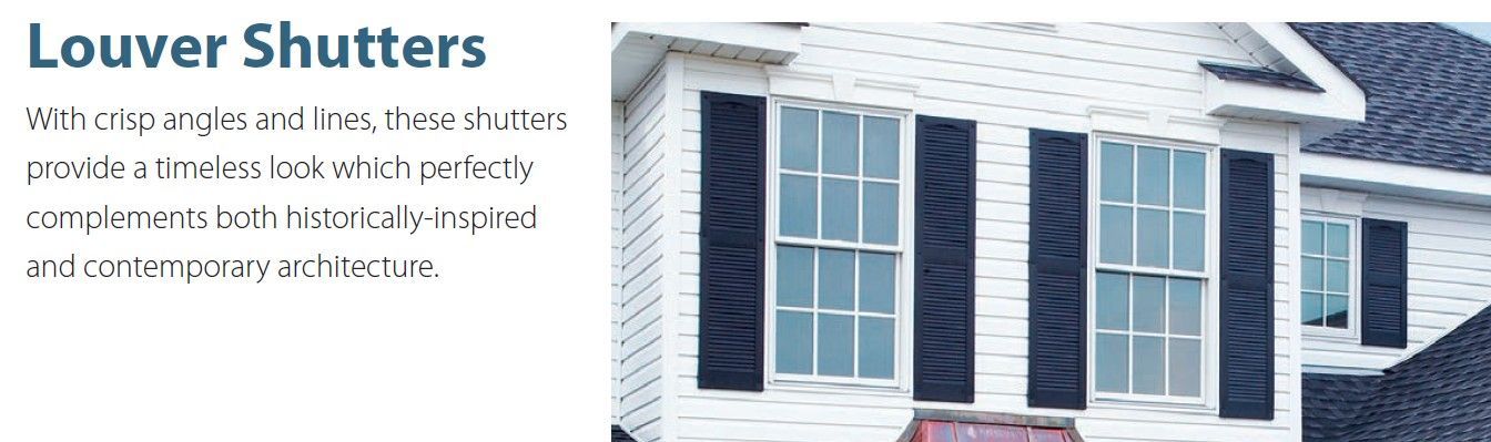 Blue house with white louvers shutters and a snowy roof beside a caption reading “Louver Shutters”