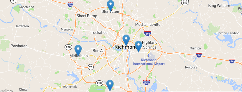 Map of Richmond, Virginia with several blue location pins marked on roads and neighborhoods