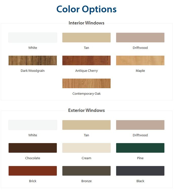 Color options chart for interior and exterior windows with labeled finish samples in white, tan, driftwood, and more